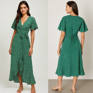 Daisy Print Short Sleeve Wrap Dress Green S